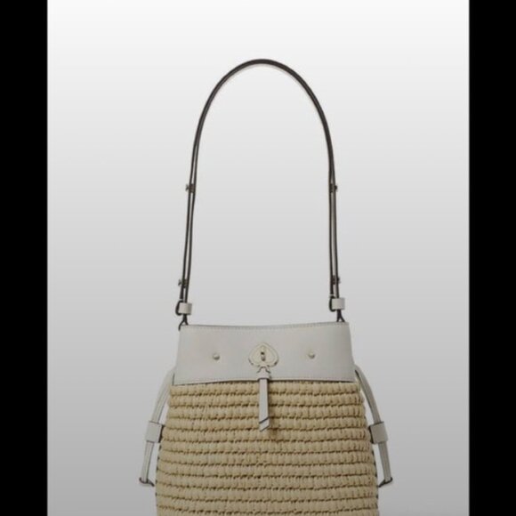 Kate Spade Marti Straw Mixed Media Small Bucket Bag Parchment Multi - Picture 4 of 14
